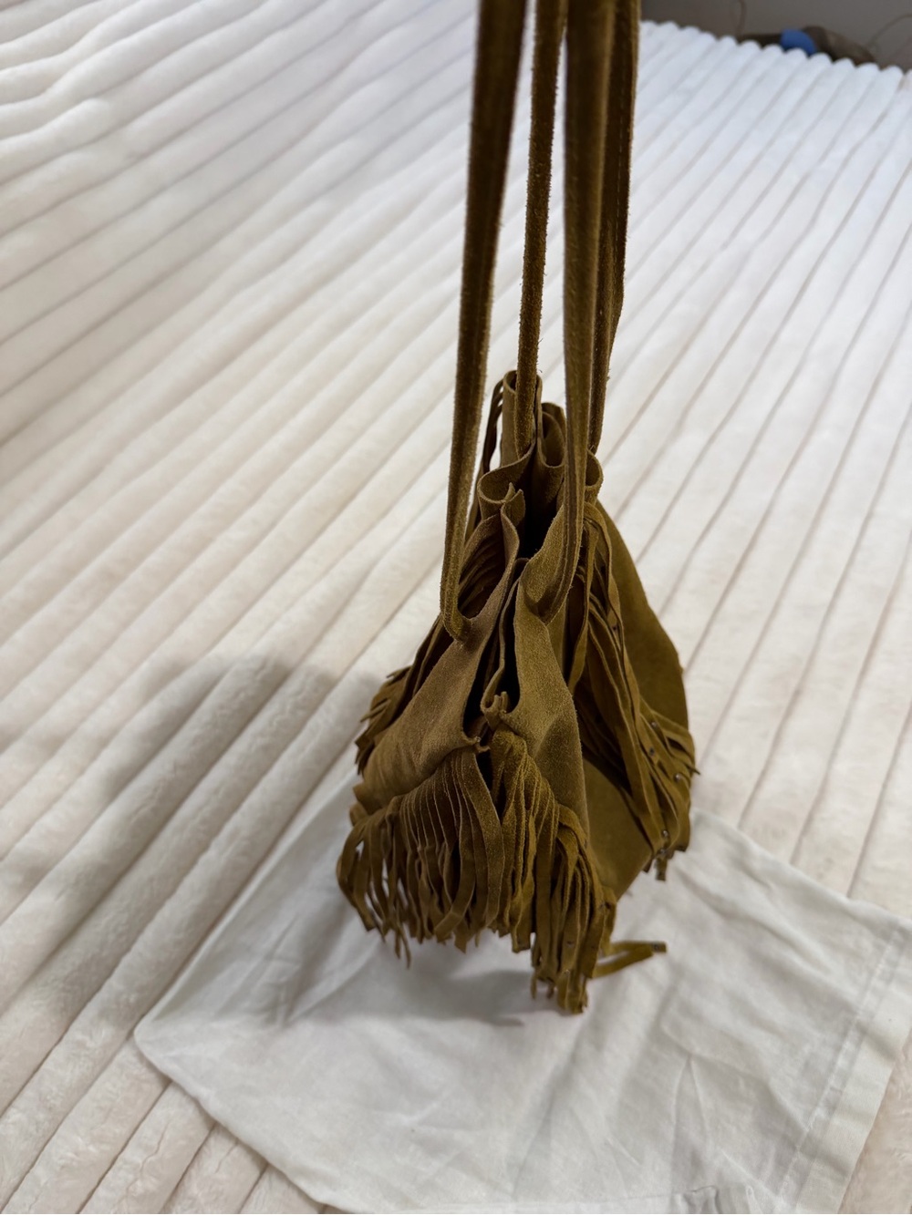 Olive Suede( genuine leather)Fringe Bucket Bag - Women - Picture 6 of 12